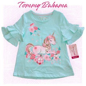 Tommy Bahama Girls NWT Top BLING Unicorn Aqua Sequin Glitter Size (XS) 4